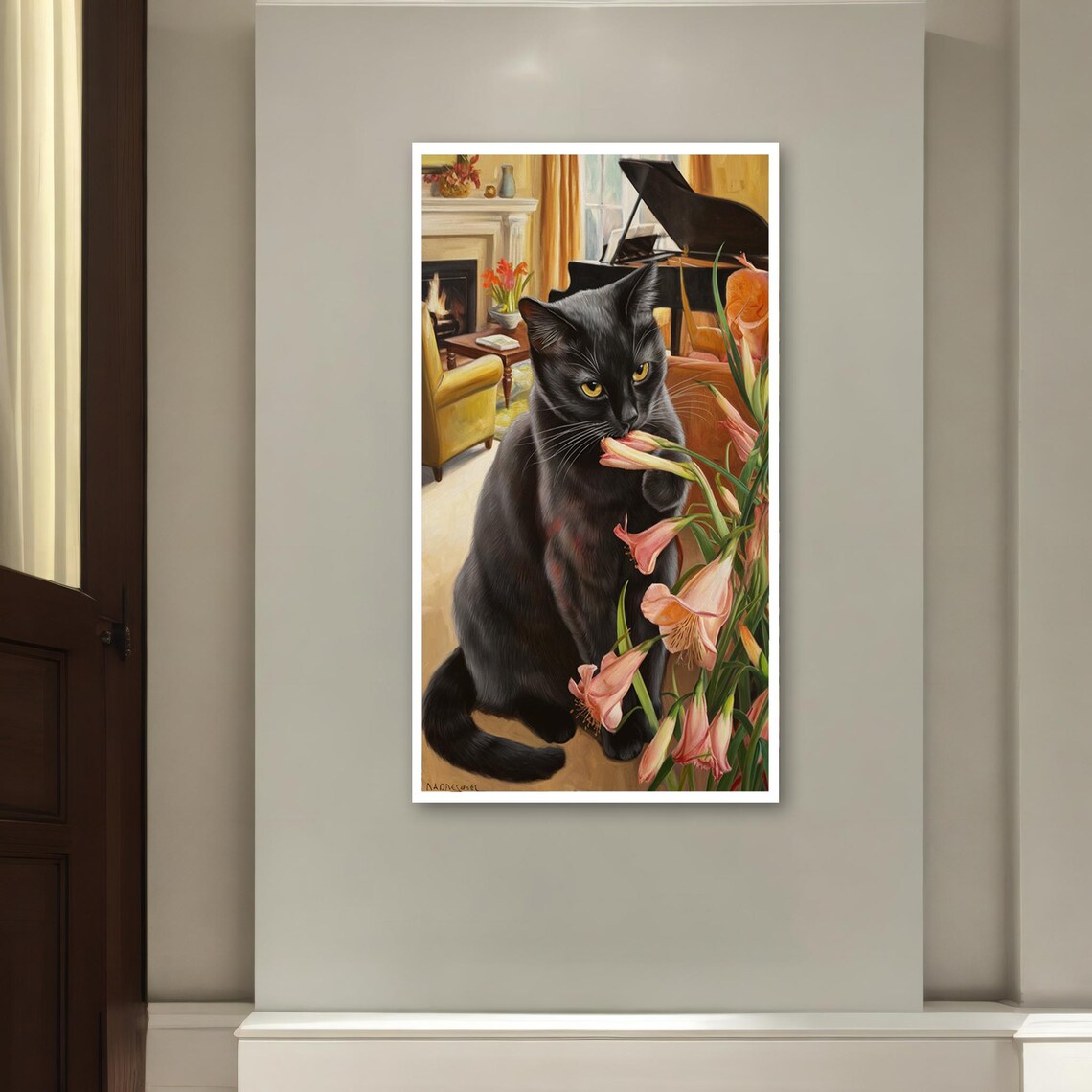 Black Cat with Pink Lilies Cozy Room Realistic Pet Portrait Art Poster - Image 2