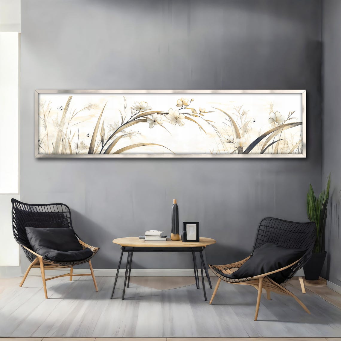 Minimalist Cream Floral Botanical Grasses Panoramic Wall Art Poster - Image 4