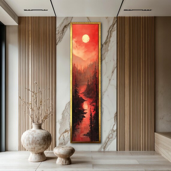 Modern Red Landscape Painting Abstract Wall Art For Living Room Contemporary Art Print Tall Vertical Forest Painting Unique Gift