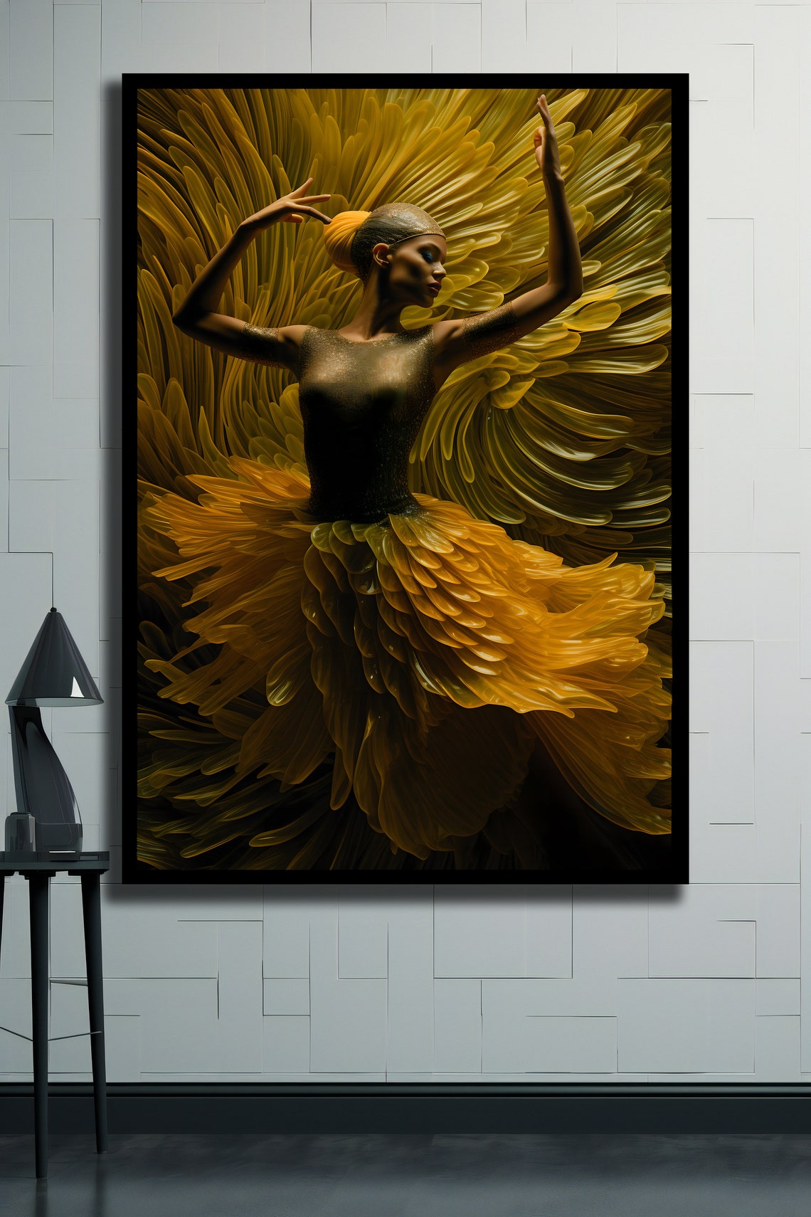Ballerina In Golden Feather Tutu Arms Raised Dramatic Dance Art Poster - Image 2