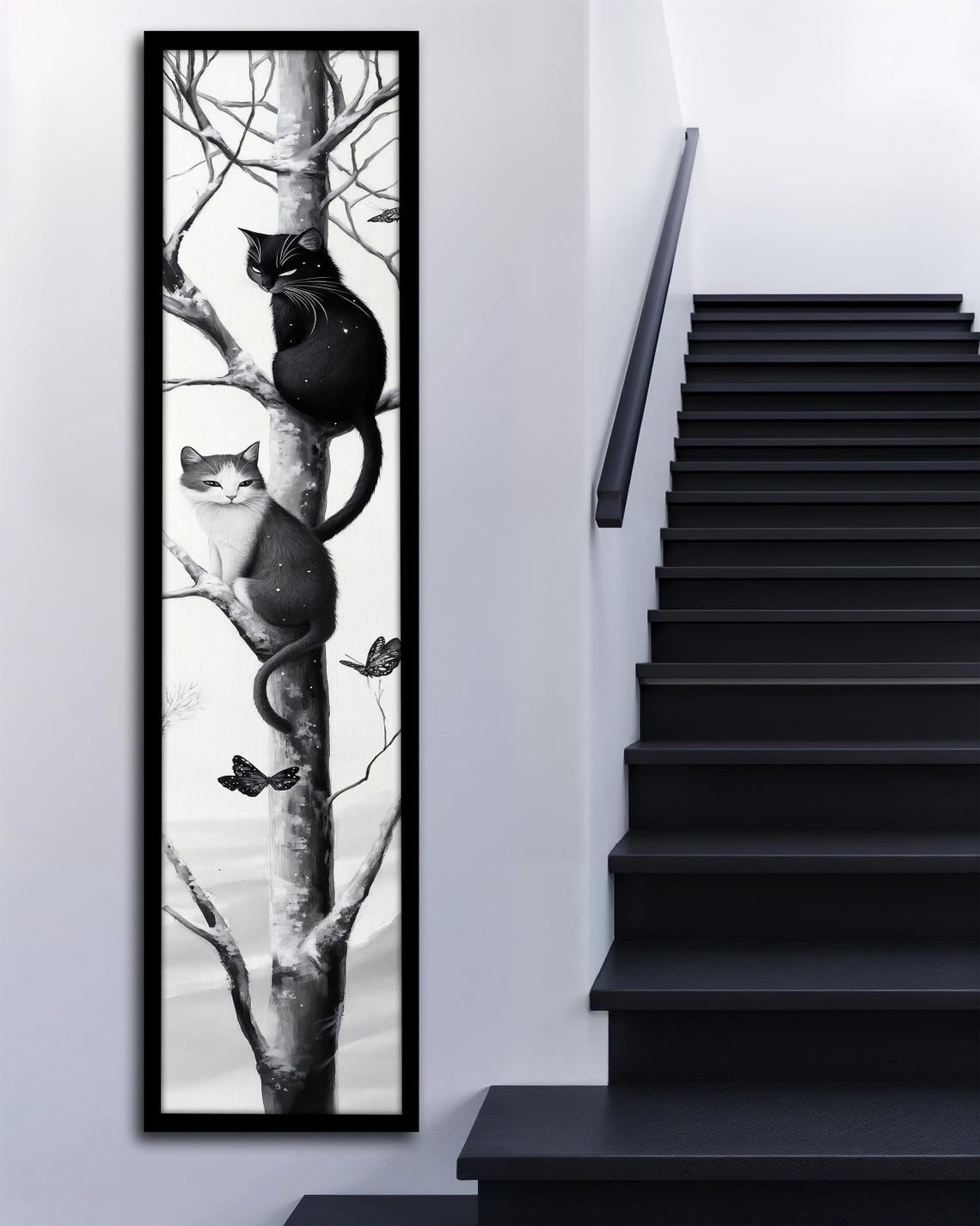 Black White Cat on Birch Tree With Butterflies Vertical Art Poster - Image 3