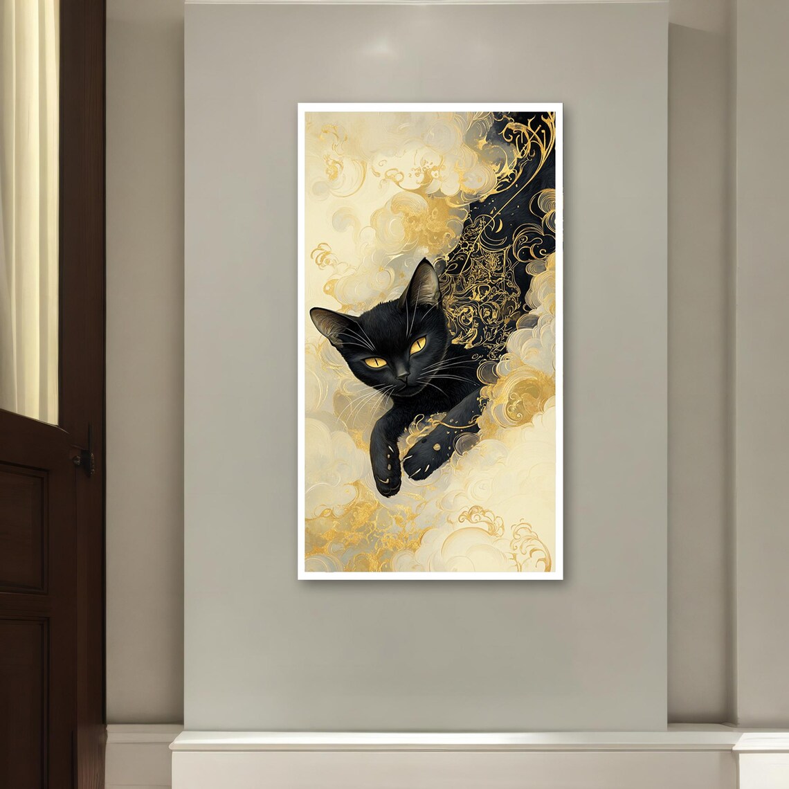 Black Cat Emerging from Golden Clouds Mystical Feline Art Poster - Image 2