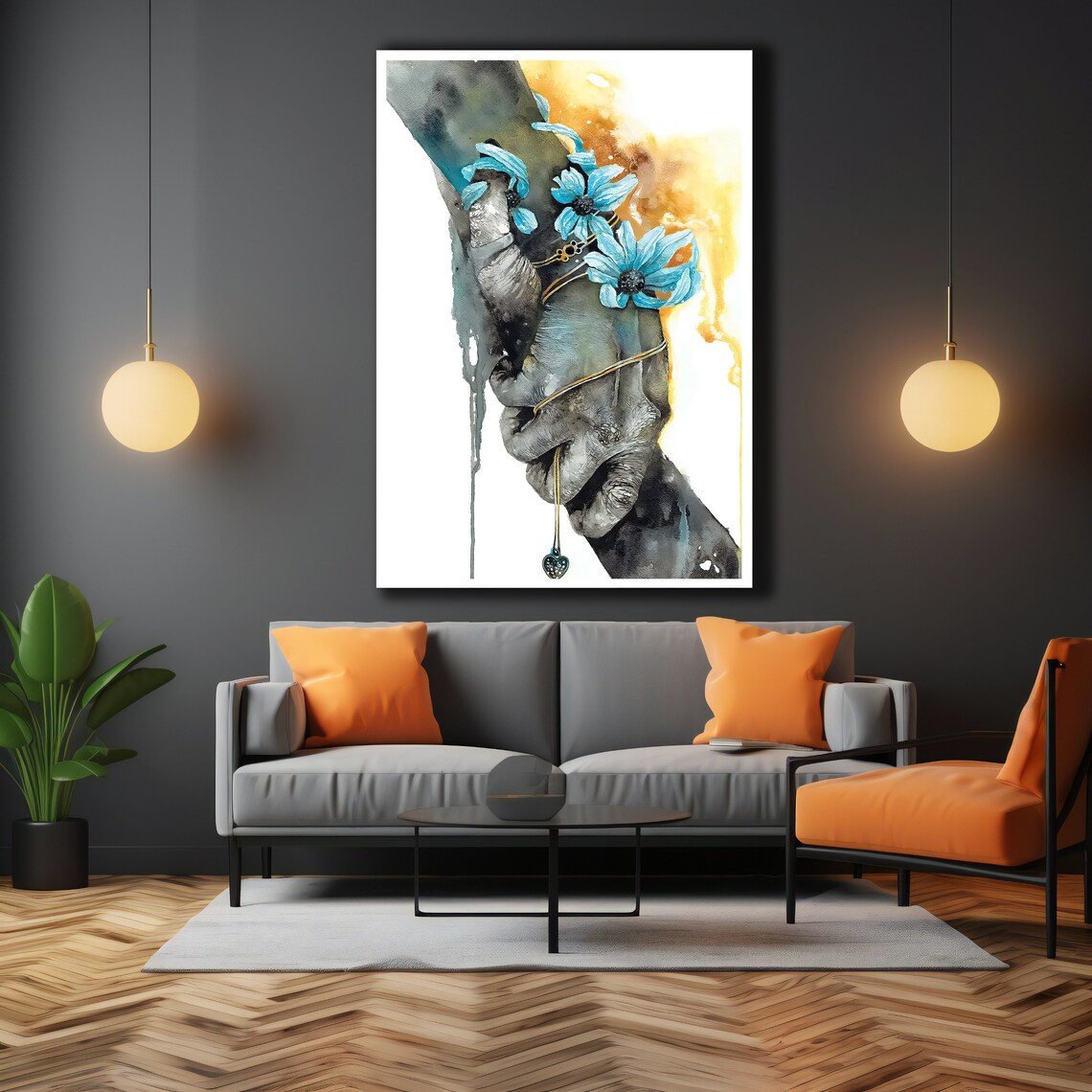 Clasped Hands With Blue Flowers Watercolor Romantic Love Art Poster - Image 3
