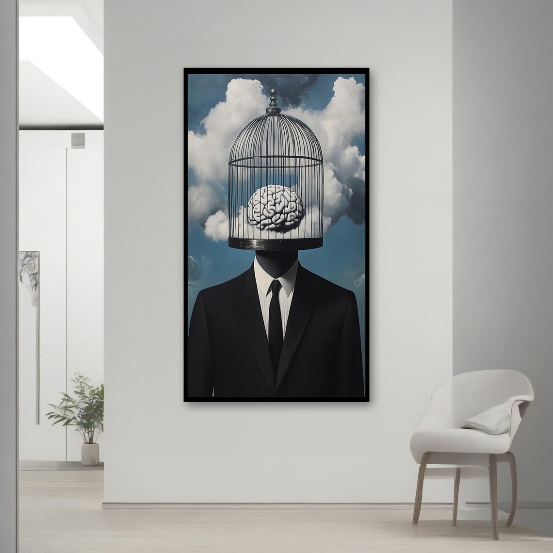 Surreal Brain In Cage Painting Thought Provoking Wall Decor Modern Surrealism Wall Art Unique Abstract Artwork Gift Idea - Image 2