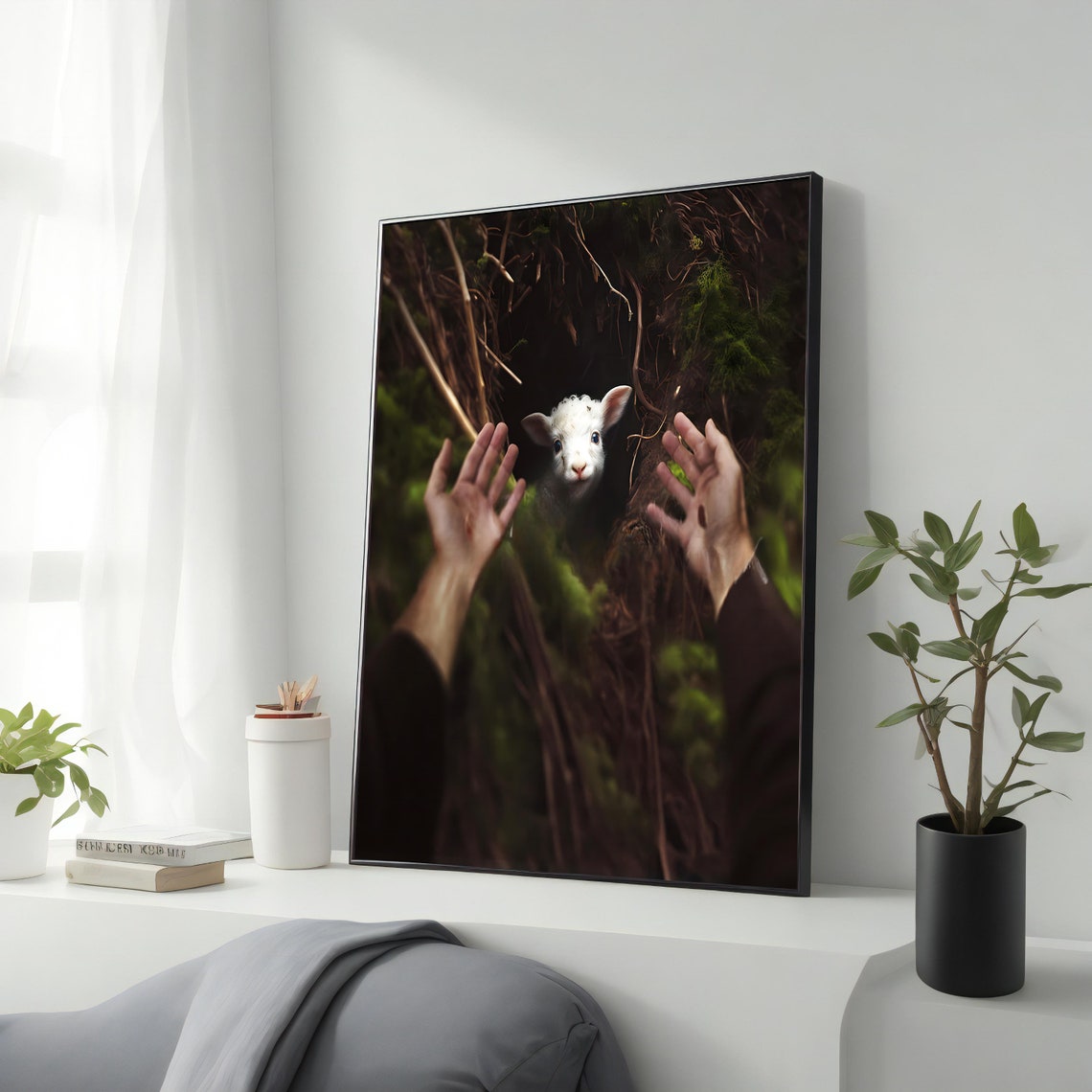 Reaching Hands Rescuing Lost Lamb From Darkness Christian Art Print