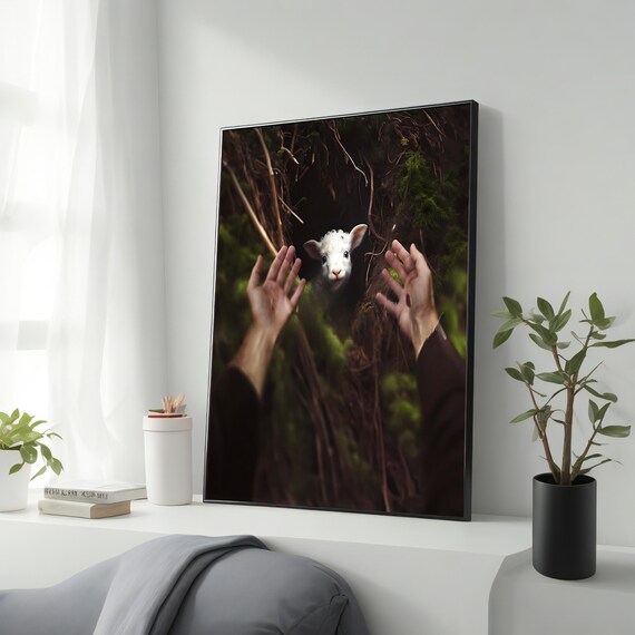 Reaching Hands Rescuing Lost Lamb From Darkness Christian Art Print
