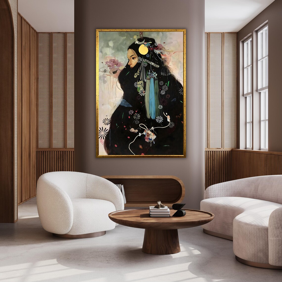 Moonlit Woman Profile Long Black Hair Floral Ethereal Portrait Poster - Image 2