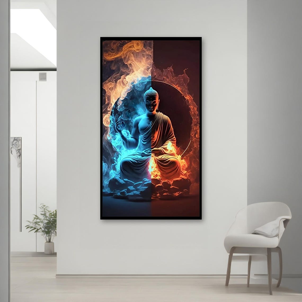 Zen Buddha Art Blue And Red Flame Duality Wall Decor Spiritual Meditation Artwork Enlightenment Gift Ready To Hang Gift Idea - Image 2