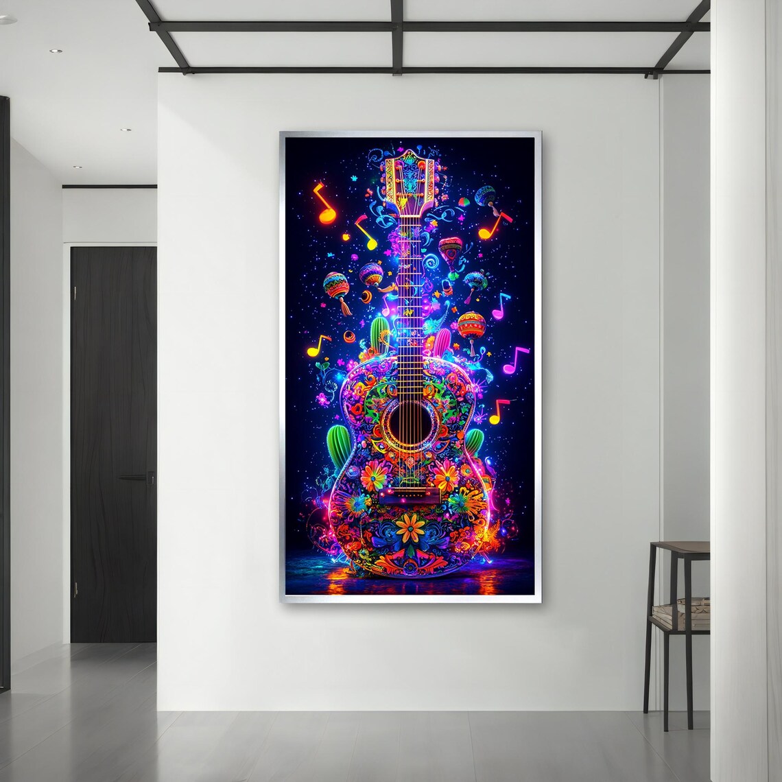 Neon Floral Guitar Mexican Style Colorful Musical Notes Vibrant Poster - Image 3