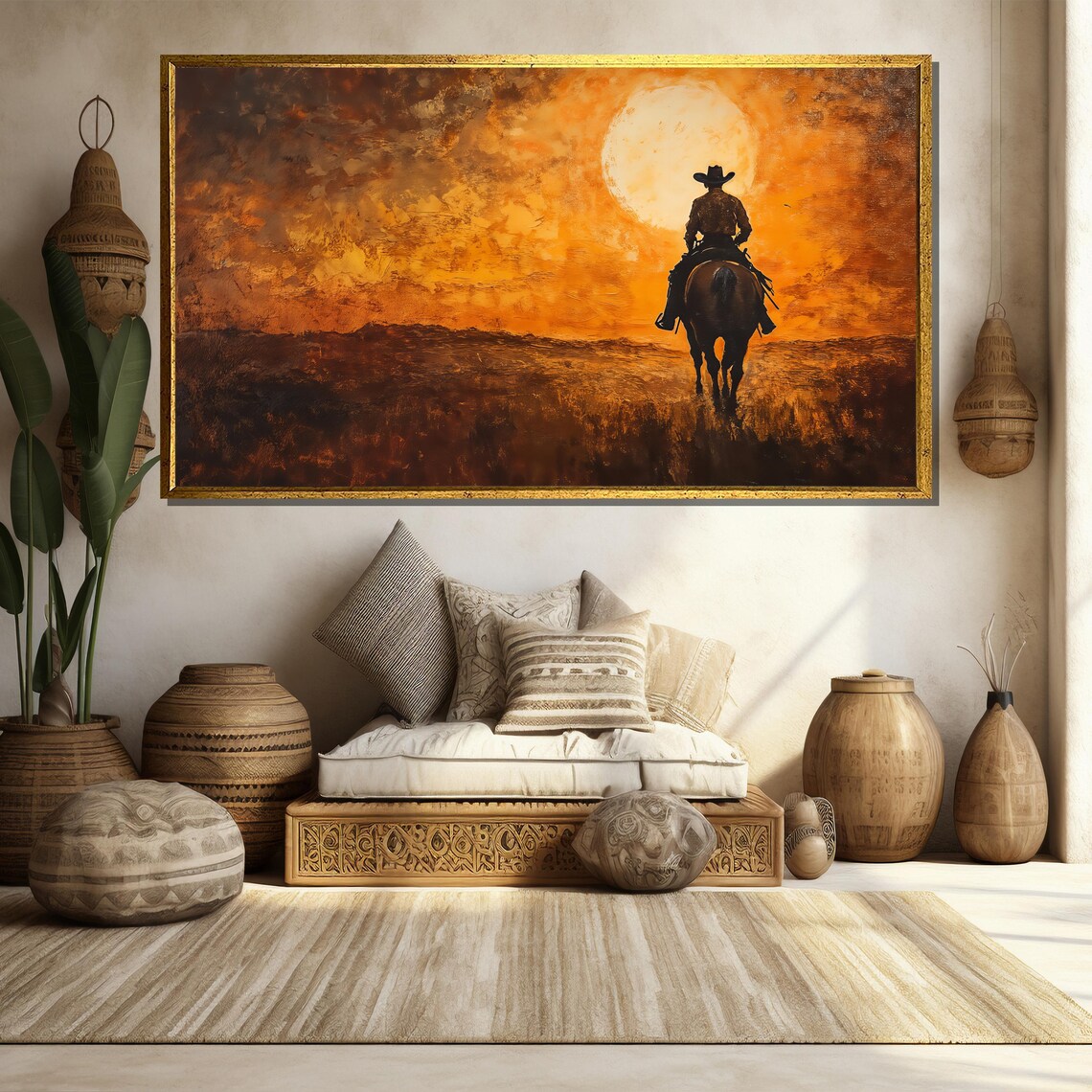 Western Cowboy Sunset Horse Ride Fiery Orange Sky Oil Painting Poster - Image 4