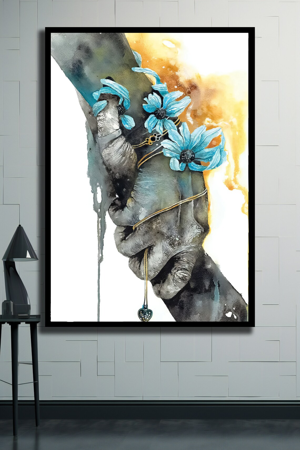 Clasped Hands With Blue Flowers Watercolor Romantic Love Art Poster - Image 2