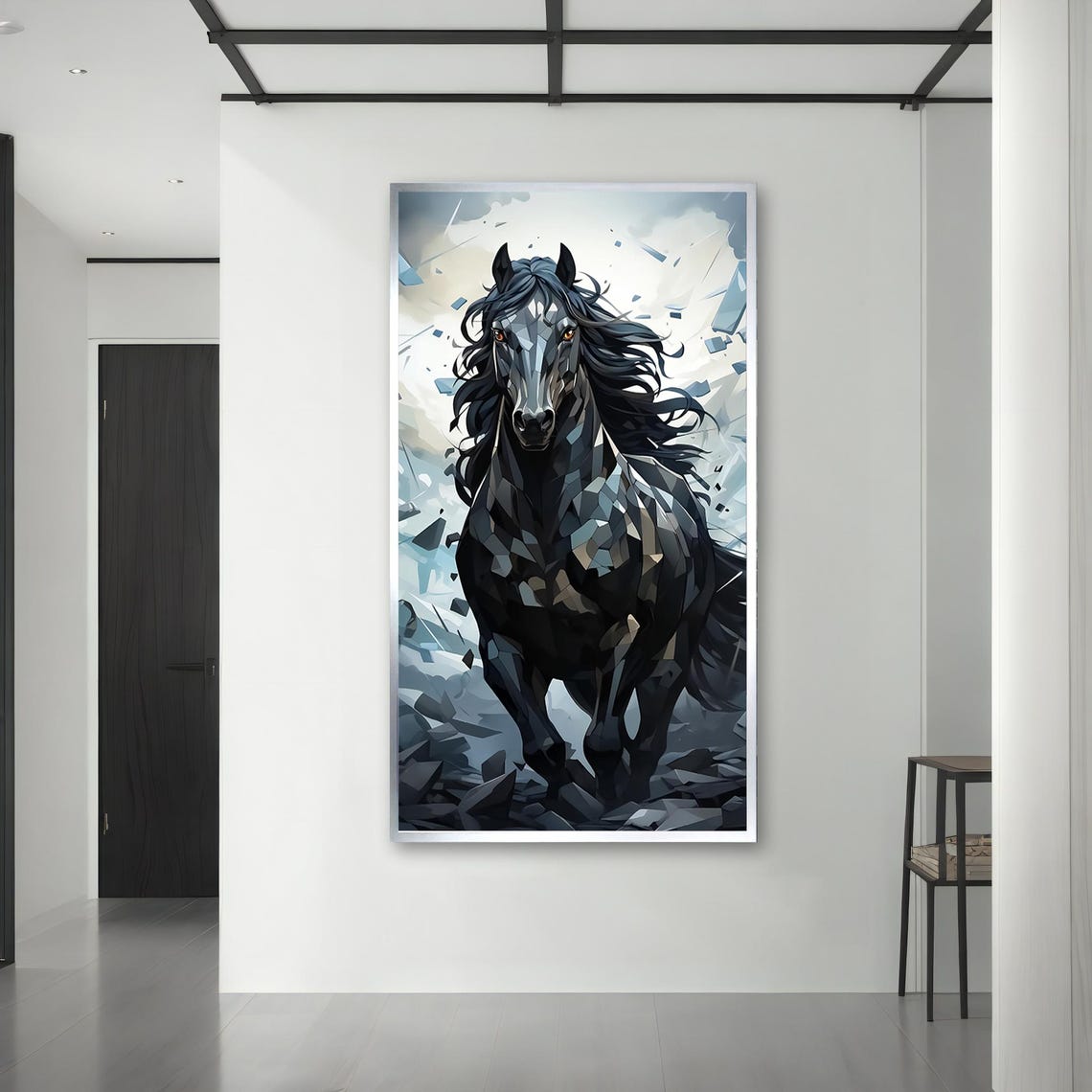 Geometric Low Poly Black Horse Galloping Crystalline Blue Art Poster - Image 3
