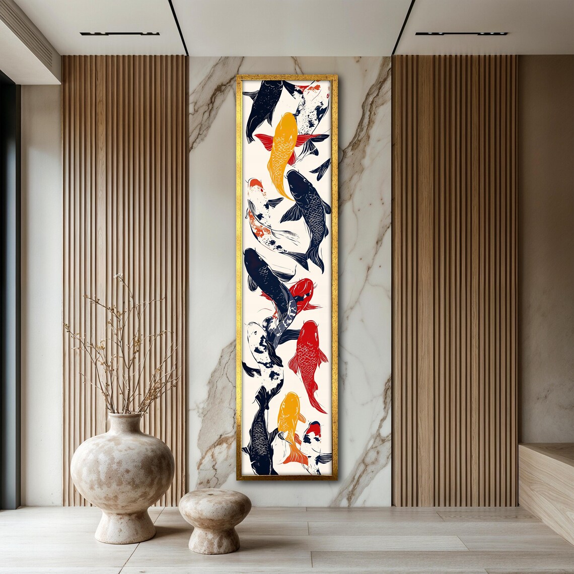 Colorful Koi Fish Painting Japanese Inspired Wall Decor Vibrant Home Accent Large Artwork Vertical Wall Art Gift Idea