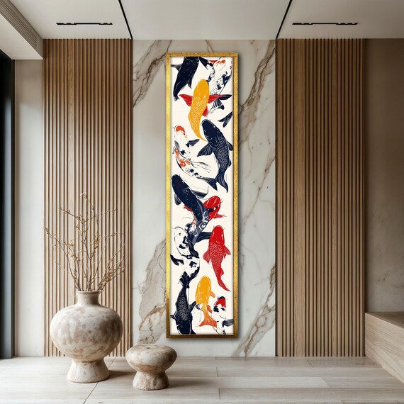 Colorful Koi Fish Painting Japanese Inspired Wall Decor Vibrant Home Accent Large Artwork Vertical Wall Art Gift Idea