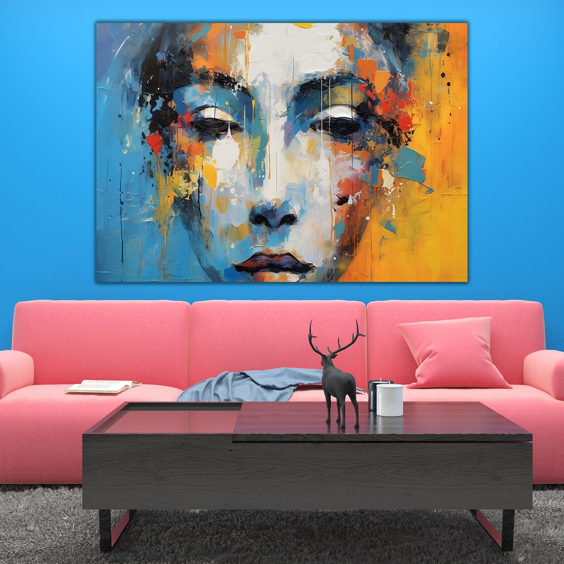 Abstract Female Face Oil Painting Blue Orange Splash Modern Art Poster - Image 2