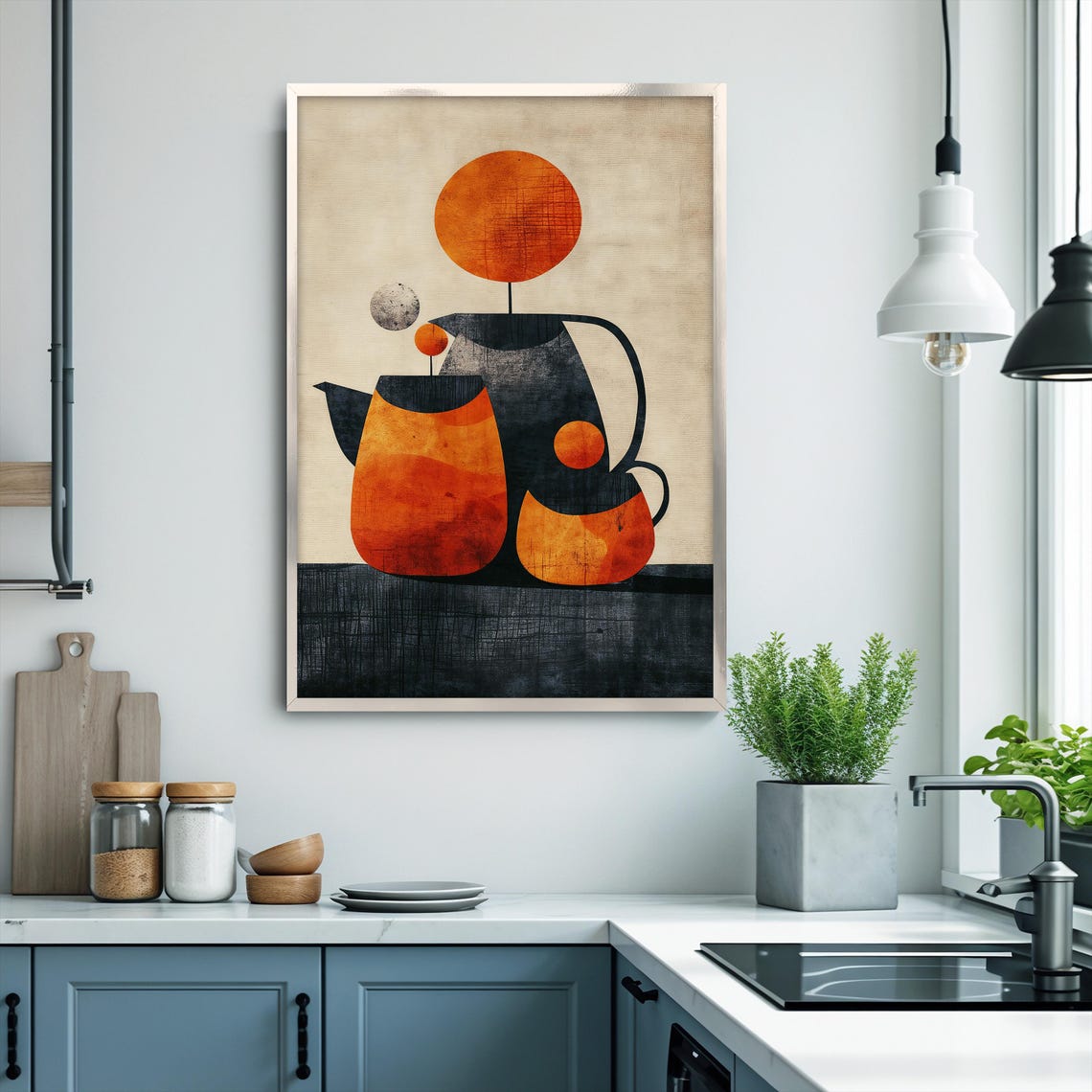 Abstract Mid Century Modern Teapot And Cup Wall Art Vintage Geometric Kitchen Decor Unique Gift - Image 3