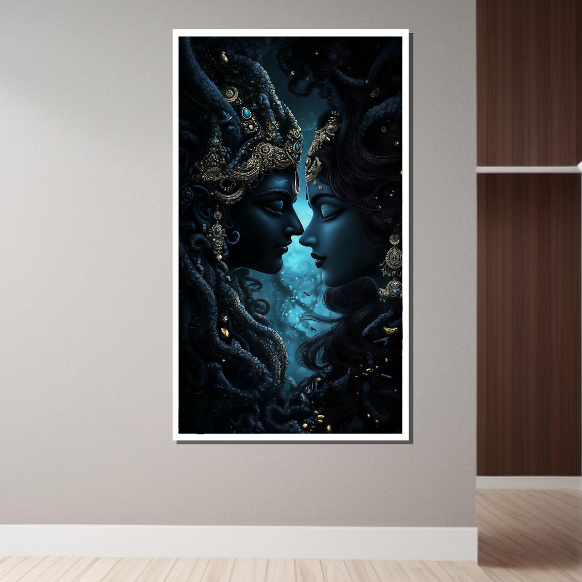 Radha Krishna Divine Love Couple Midnight Blue Spiritual Art Print - Image 2