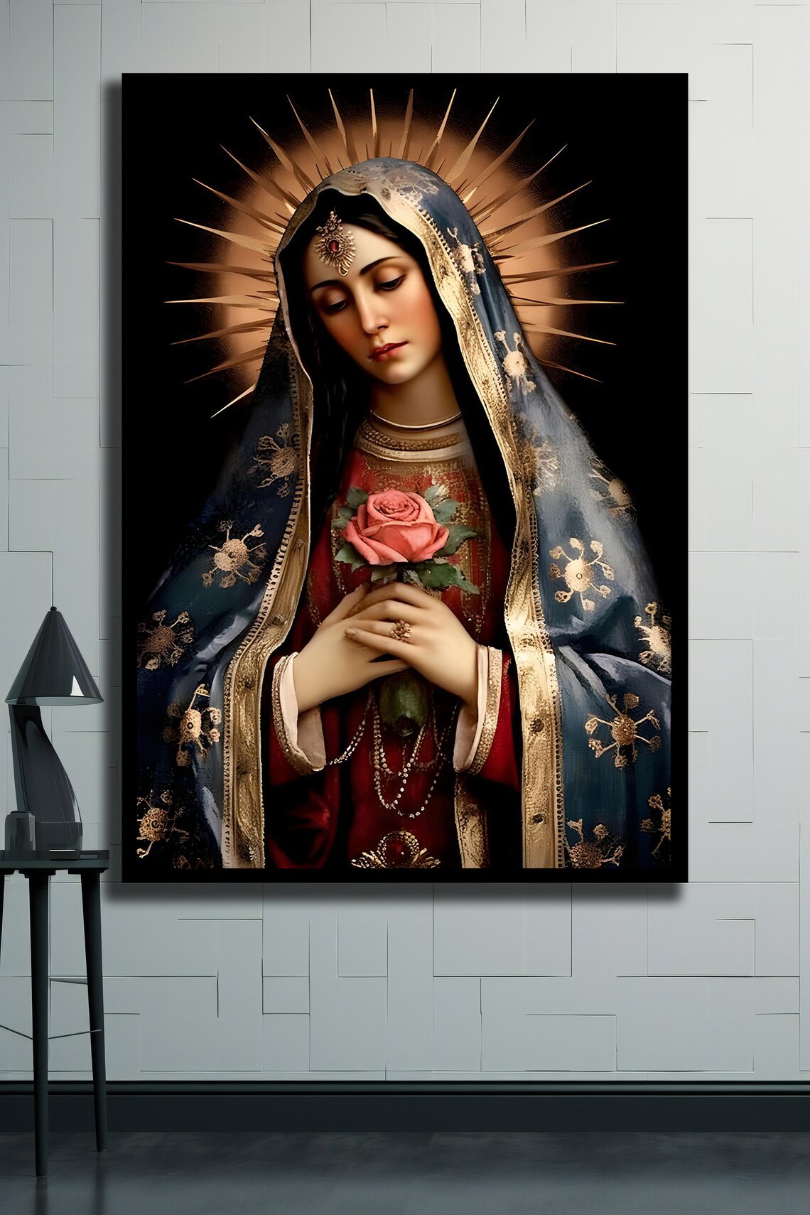 Virgin Mary With Rose Golden Halo Religious Devotion Art Print - Image 2