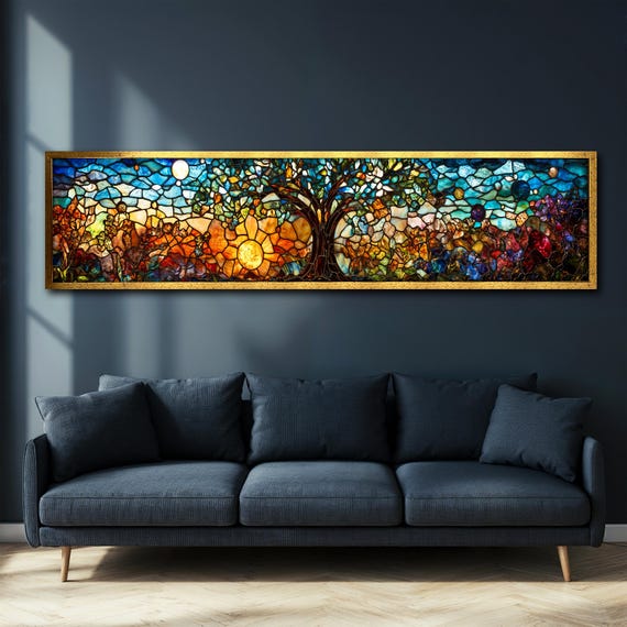 Stained Glass Mosaic Painting Long Thin Wall Art Tree Of Life Colorful Sunset Artwork Unique Home Decor Religious Gift