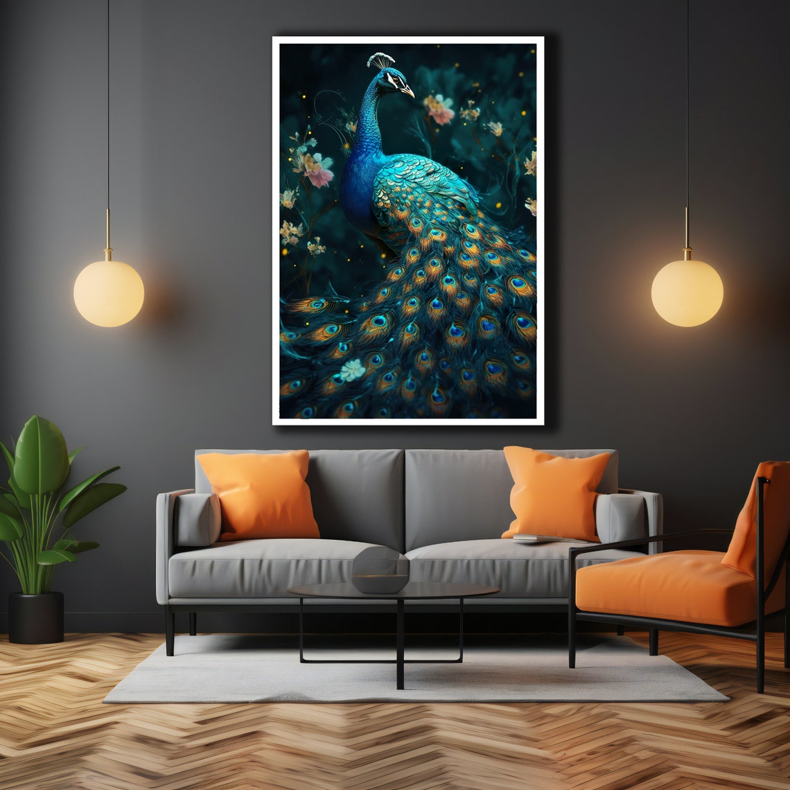 Majestic Blue Peacock Full Tail Feathers Dark Floral Animal Art Poster - Image 3