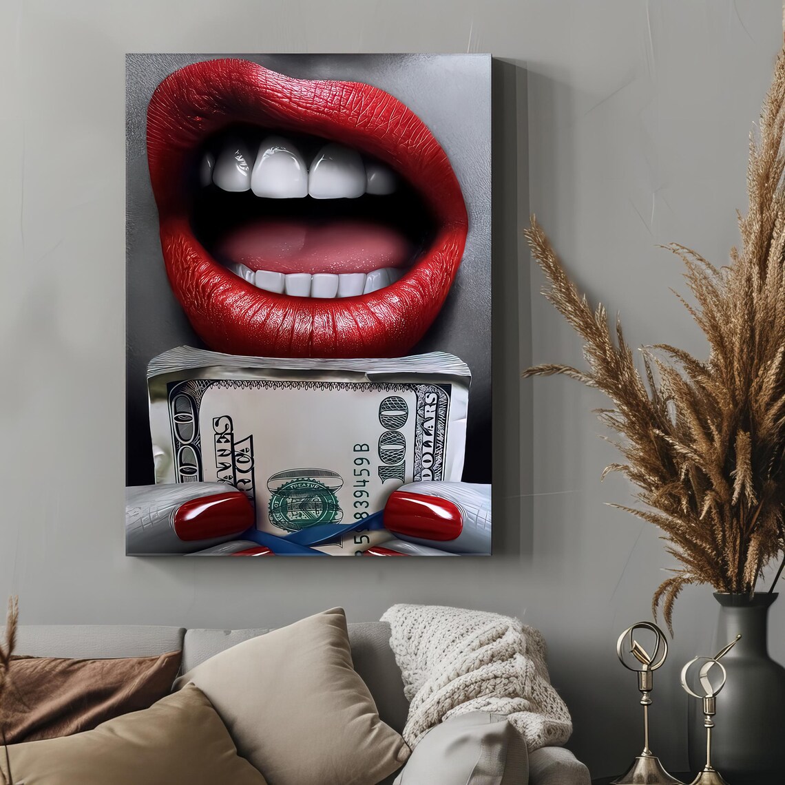 Red Lips Biting Money Luxury Dollar Bill Pop Art Wall Poster - Image 4