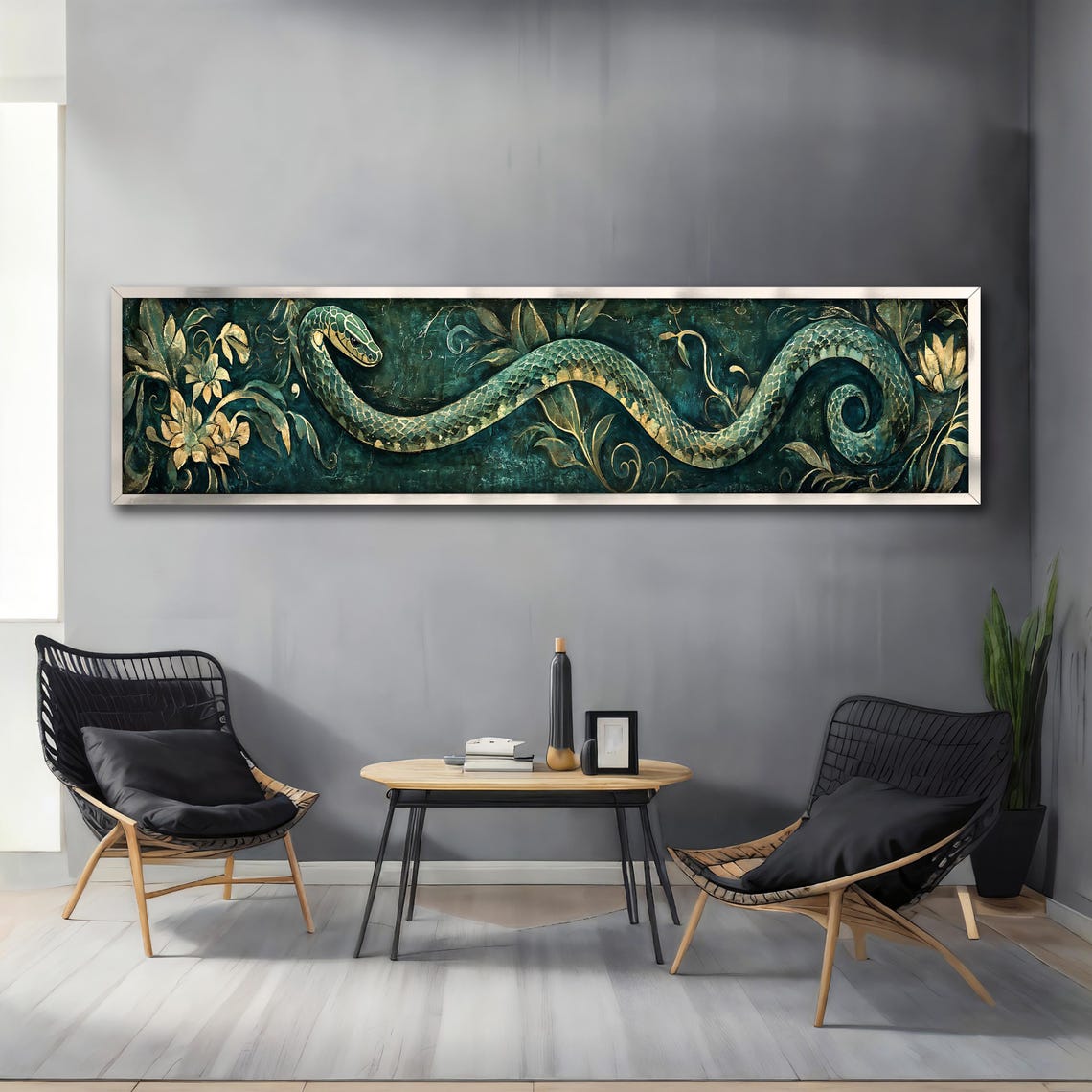 Emerald Green Snake Gold Botanical Flowers Panoramic Wall Art Poster - Image 4
