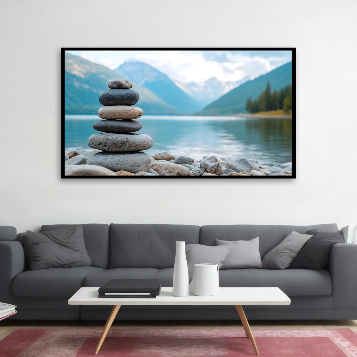 Zen Stone Cairn by Calm Mountain Lake Nature Photography Wall Art Poster - Image 2