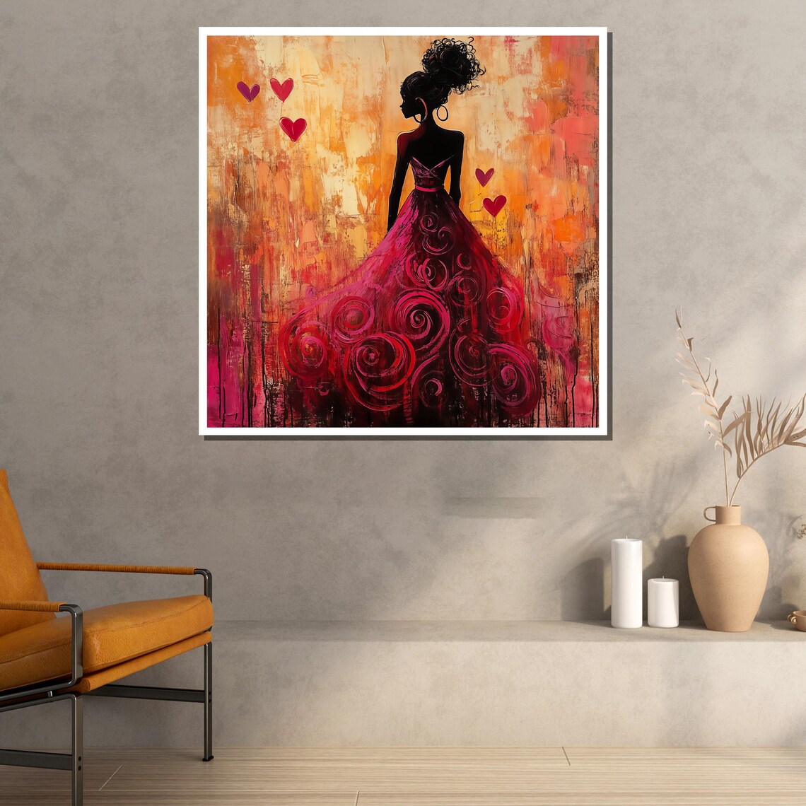 Elegant Woman Red Dress Silhouette Hearts Abstract Fashion Wall Poster - Image 2
