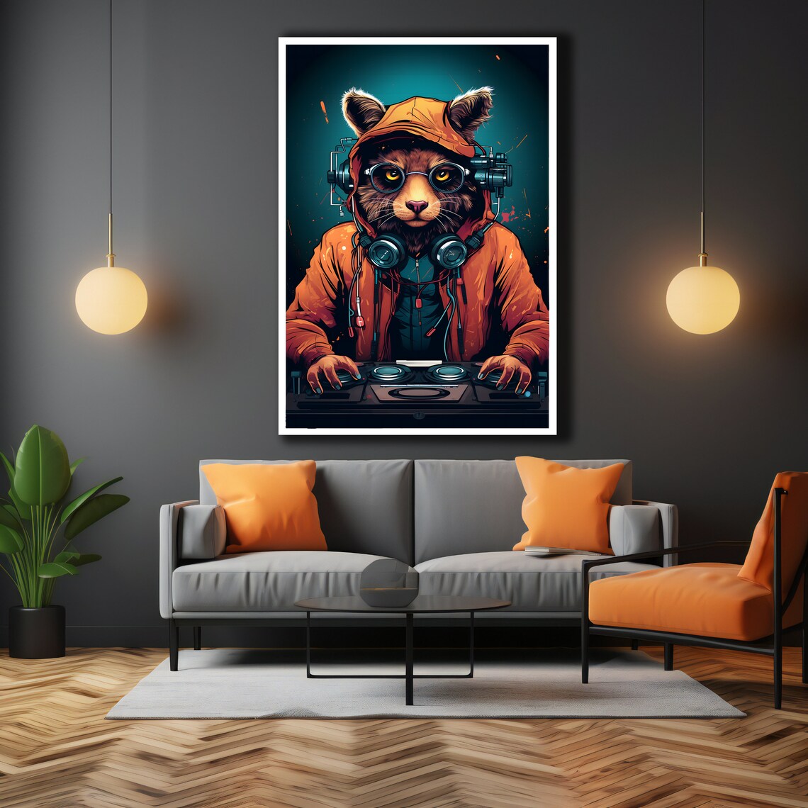 Cat DJ In Hoodie With Headphones Mixing Decks Funny Music Art Poster - Image 3