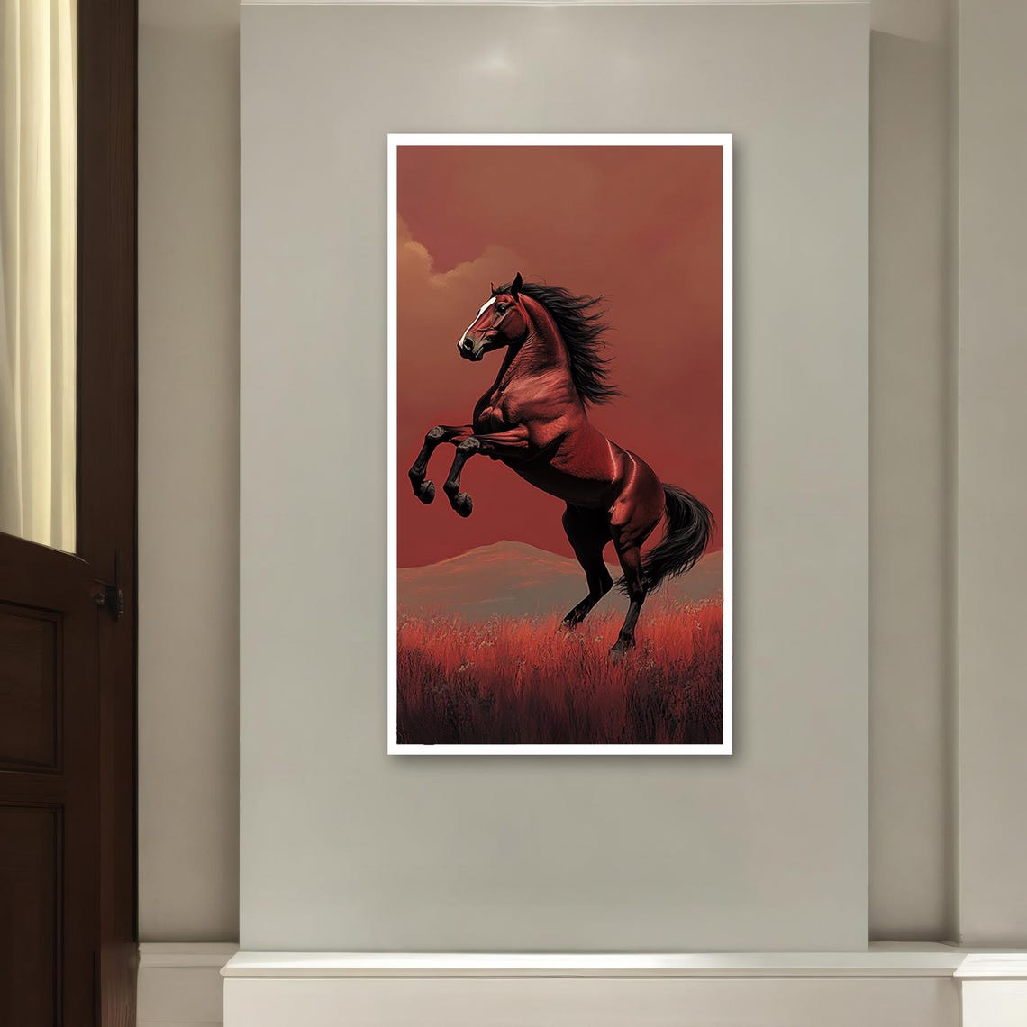 Rearing Chestnut Horse at Red Sunset Dramatic Equine Art Poster - Image 2