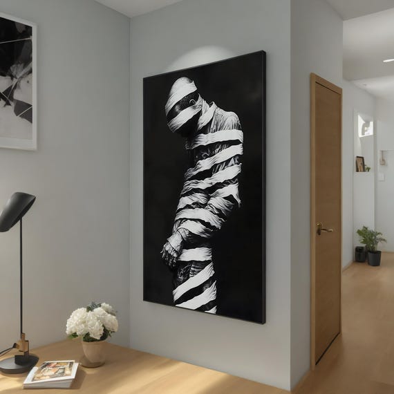 Mummy Inspired Art Dark Surreal Wall Decor Emotional Black And White Wrapped Figure Painting Modern Gothic Home Art