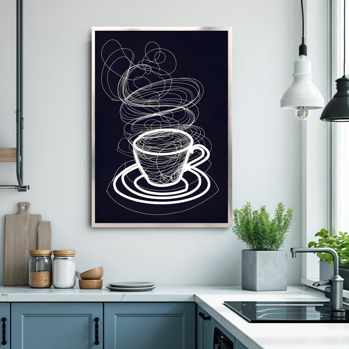 Minimalist Coffee Cup Line Art Black and White Modern Kitchen Wall Art - Image 3