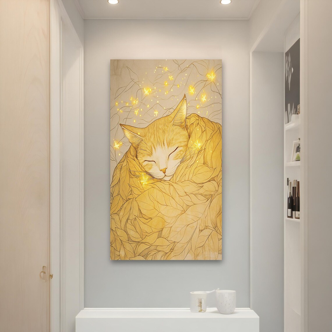 Golden Cat Sleeping Wrapped in Autumn Leaves Dreamy Art Poster - Image 4