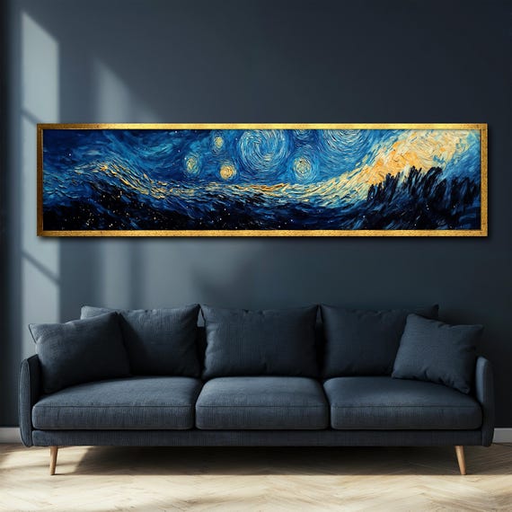 Panoramic Starry Night Painting Hallway Wall Art Extra Wide Abstract Painting Modern Home Decor Gift Idea Ready To Hang Artwork