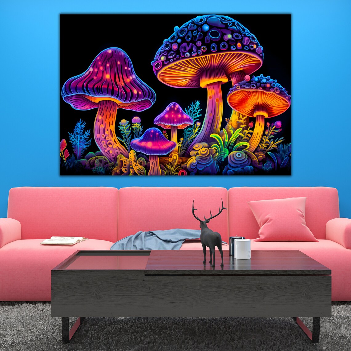 Neon Glow Mushrooms Art Print, Modern Decor - Image 2