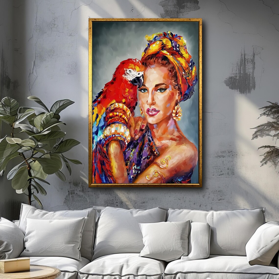 Colorful Woman Portrait With Red Macaw Parrot Turban Oil Art Print - Image 3