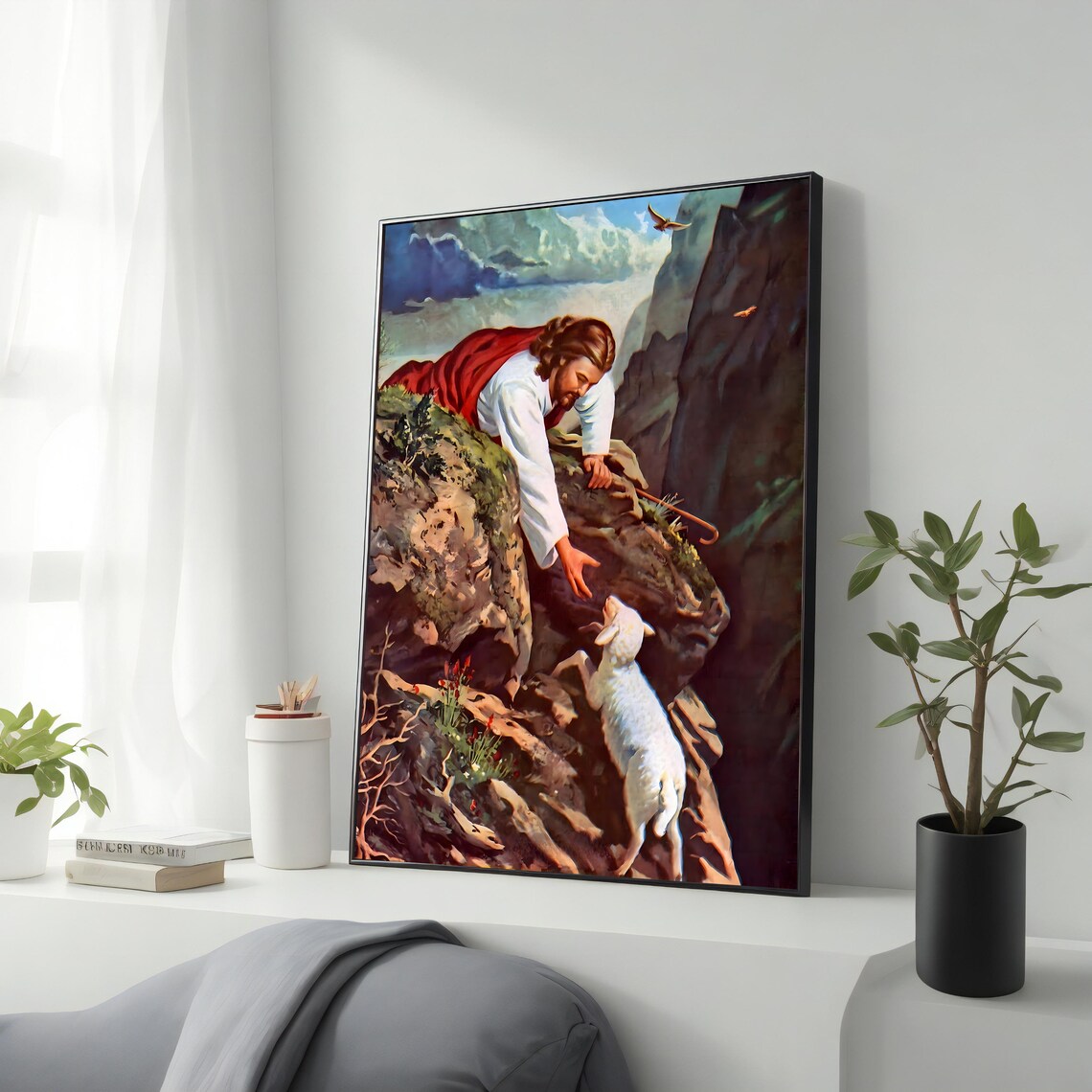 Jesus Reaching To Rescue Lost Lamb On Rocky Cliff Christian Art Poster