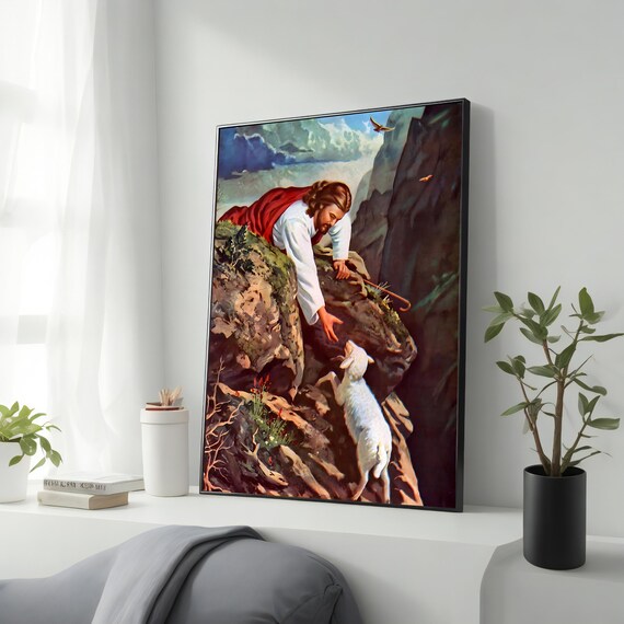 Jesus Reaching To Rescue Lost Lamb On Rocky Cliff Christian Art Poster