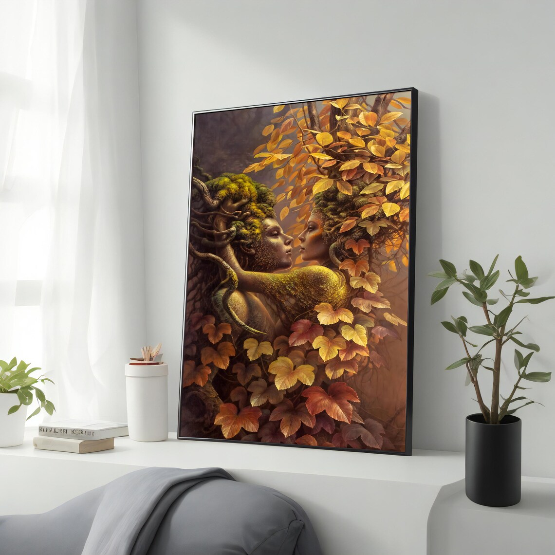 Autumn Tree Couple Love Embrace Surrealist Romantic Wall Art