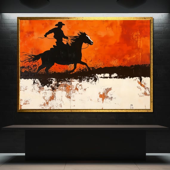 Silhouette Cowboy Painting Western Horse Rider Wall Art Rustic Sunset Decor Bold Cowboy Artwork Gift For Home Or Office