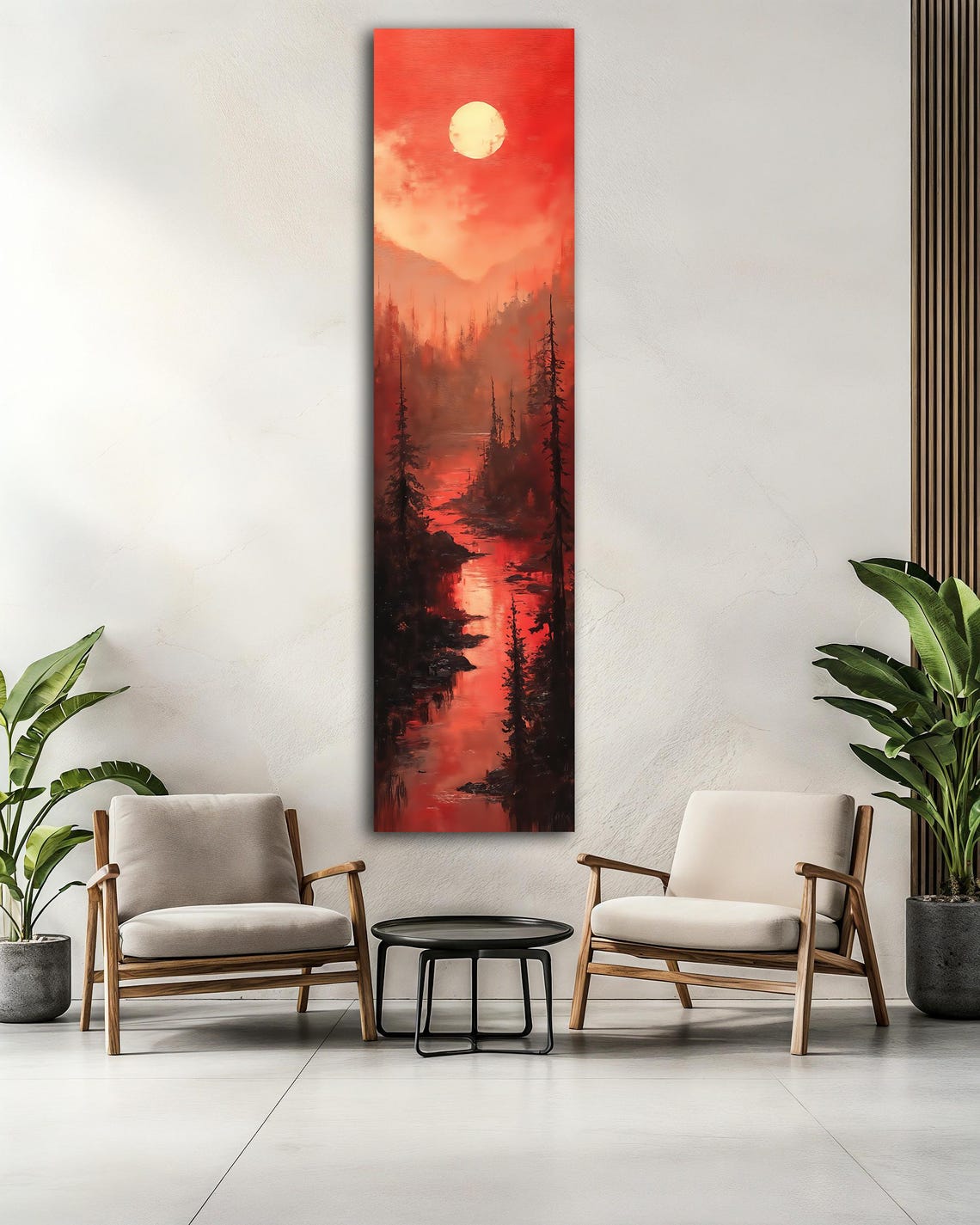 Red Moon Pine Forest Lake Reflection Surreal Vertical Landscape Poster - Image 2