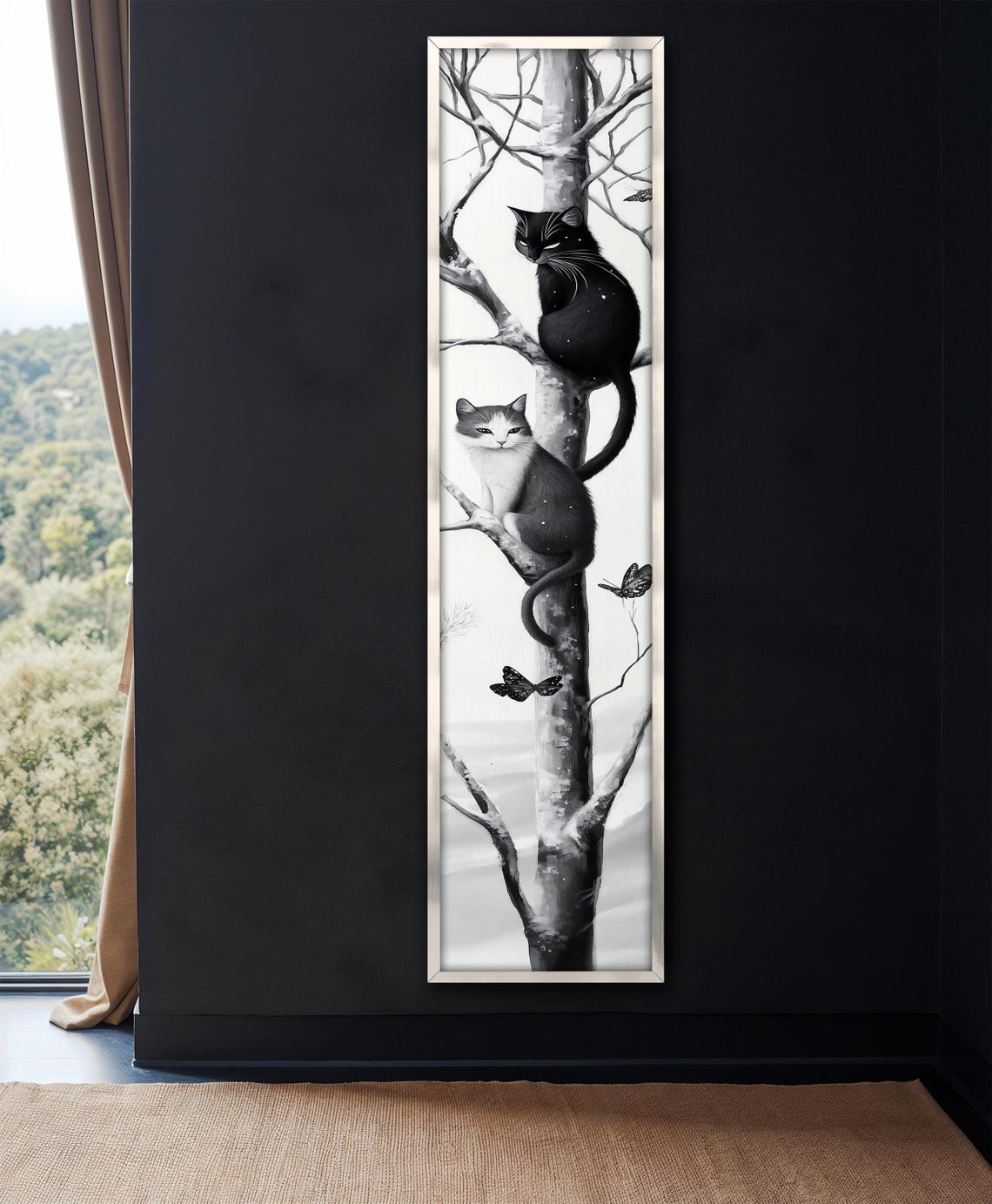 Black White Cat on Birch Tree With Butterflies Vertical Art Poster - Image 4