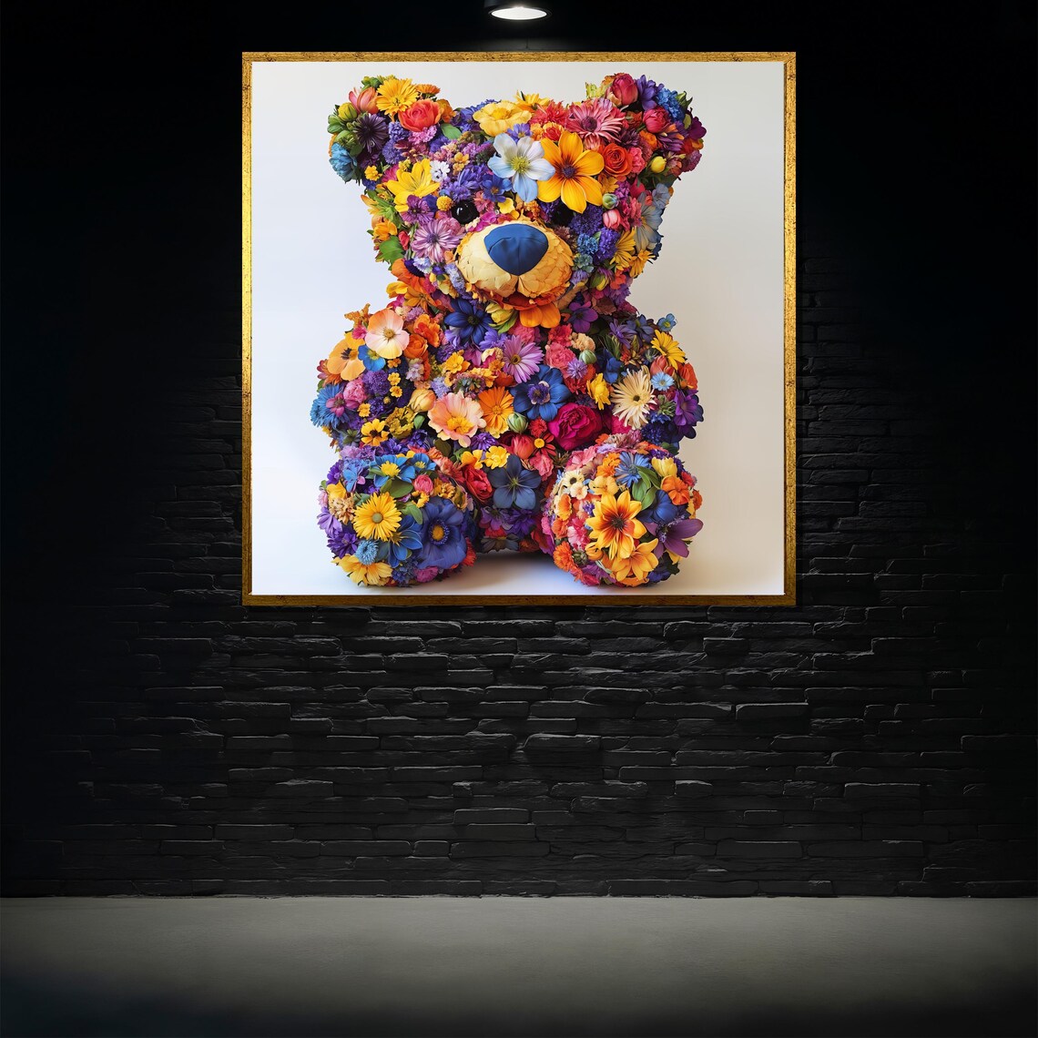 Colorful Floral Teddy Bear Blooming Flowers Nursery Kids Room Poster
