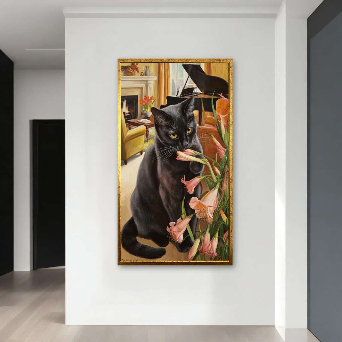 Black Cat with Pink Lilies Cozy Room Realistic Pet Portrait Art Poster - Image 3