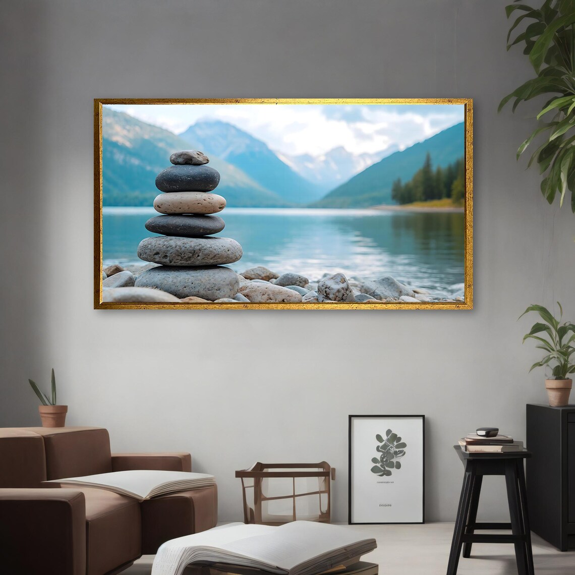 Zen Stone Cairn by Calm Mountain Lake Nature Photography Wall Art Poster - Image 4