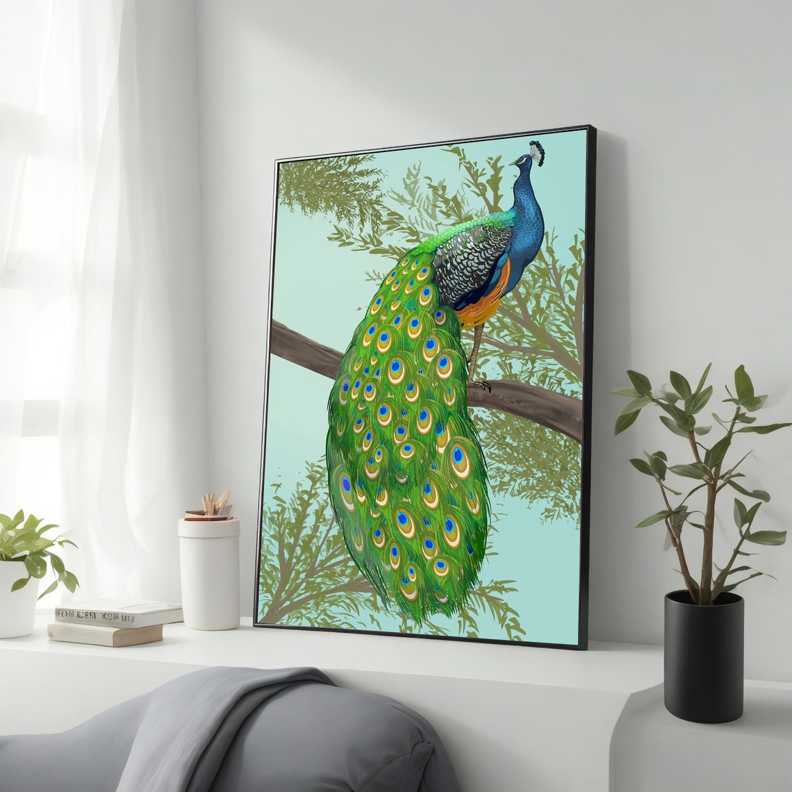 Majestic Peacock Perched on Branch Colorful Bird Illustration Poster