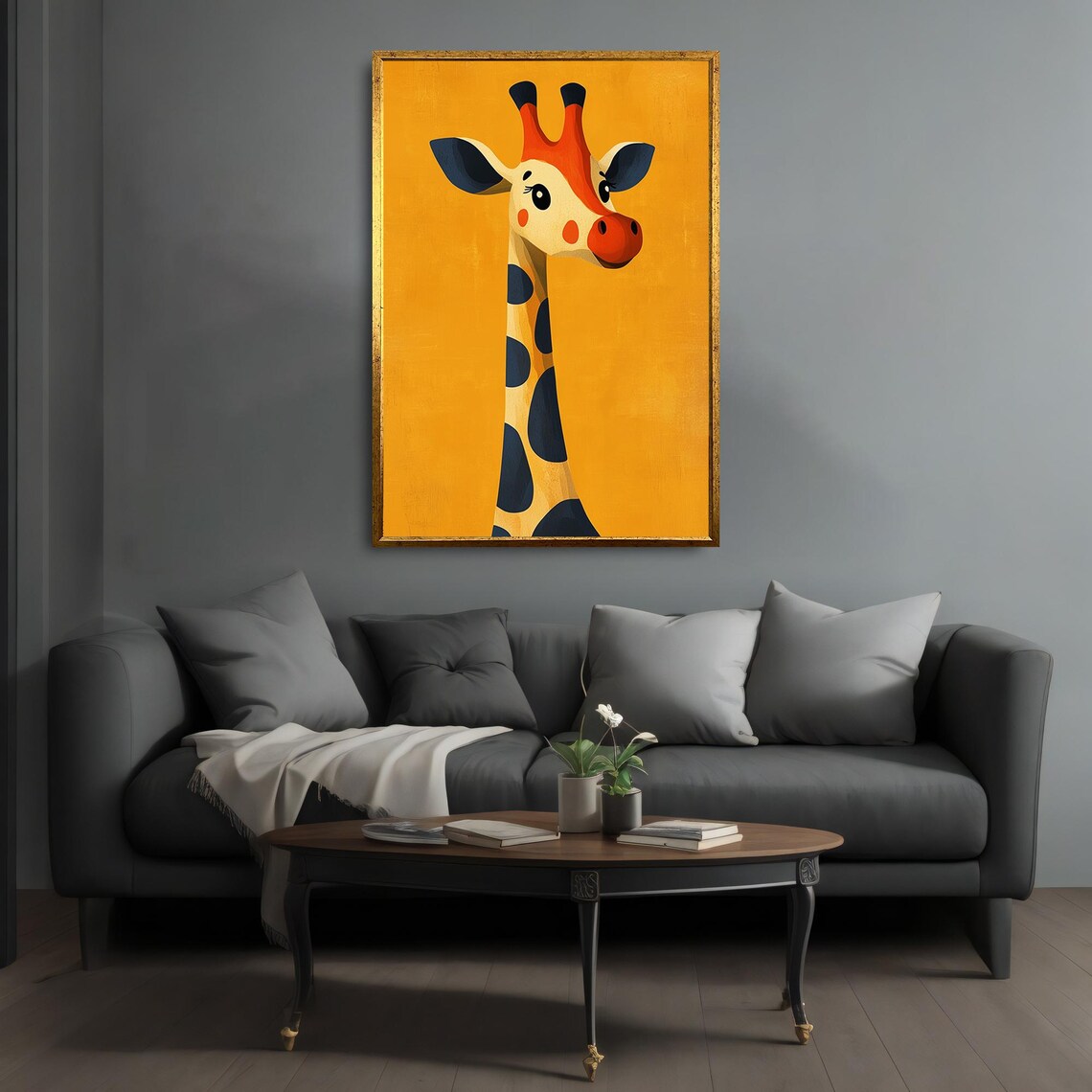 Playful Cartoon Giraffe Mustard Yellow Background Kids Room Wall Art Poster - Image 4