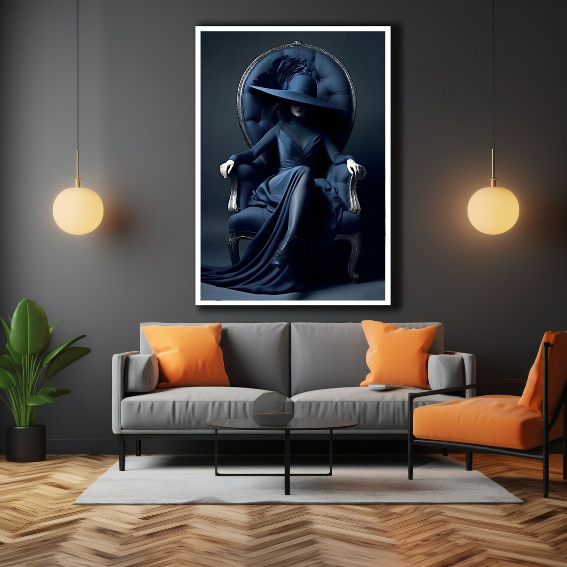 Mysterious Woman Blue Gown Wide Brim Hat Ornate Chair Gothic Glam Wall Poster - Image 3