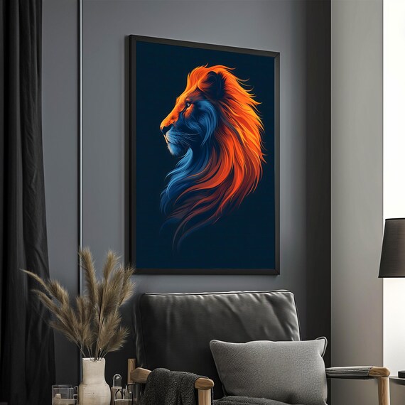 Colorful Lion Profile Orange Blue Mane Modern Wildlife Poster