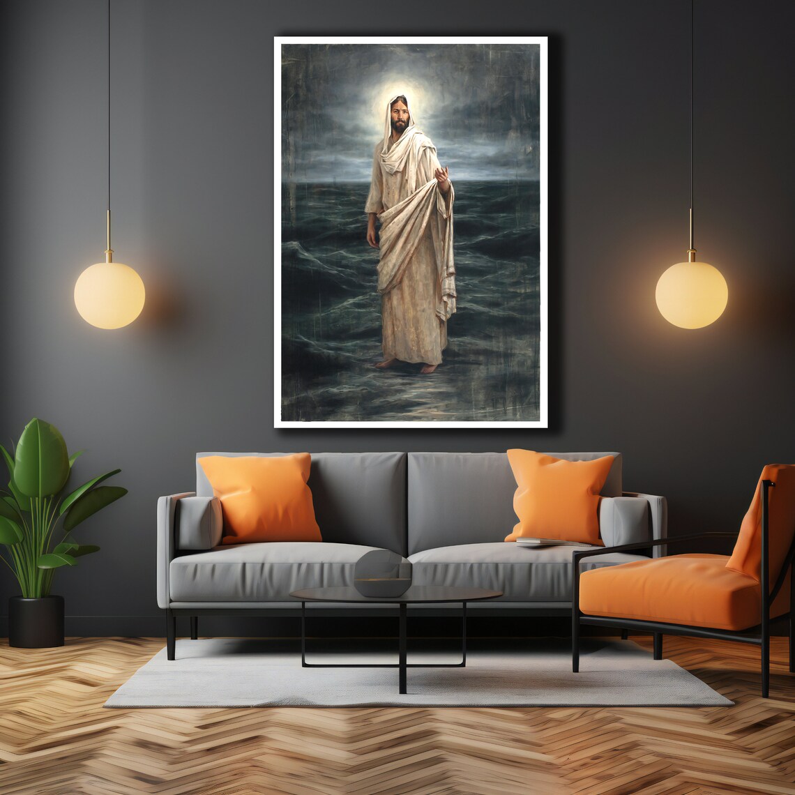 Jesus Walking on Stormy Waters Dramatic Christian Painting Faith Wall Poster - Image 3